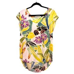 JAMS‎ WORLD Floral Shirt Size L Cap Sleeves Sugar Daisy Lightweight Hawaiian